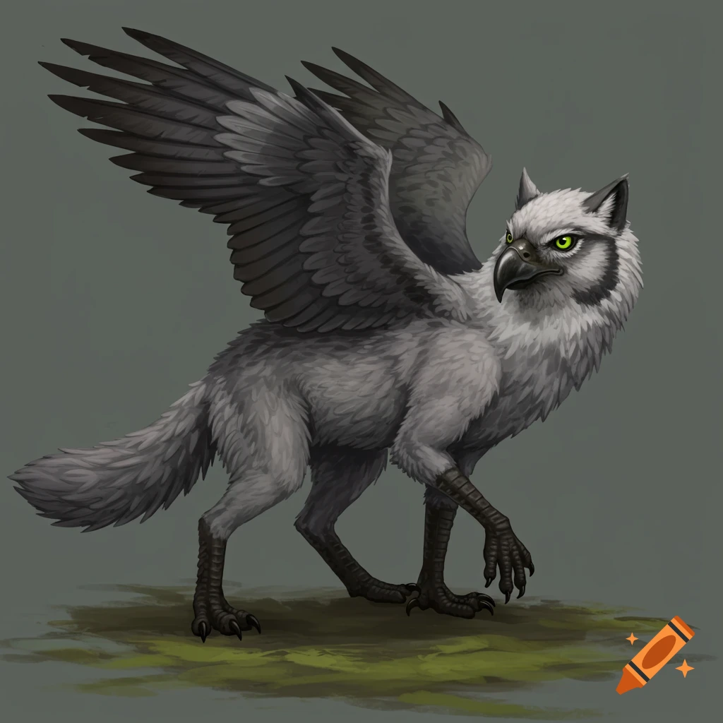 A gray and white griffin-like creature with green eyes.