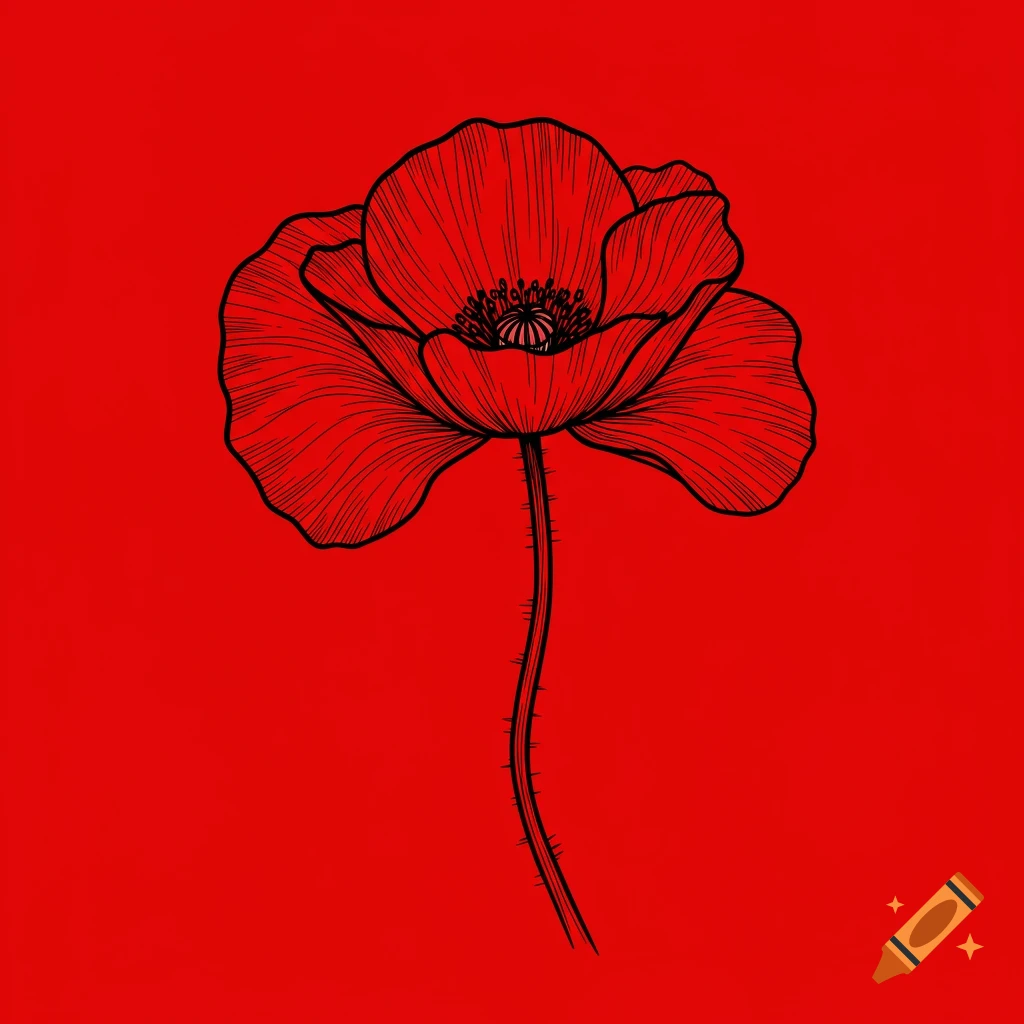 Black outline drawing of a poppy flower on a red background.