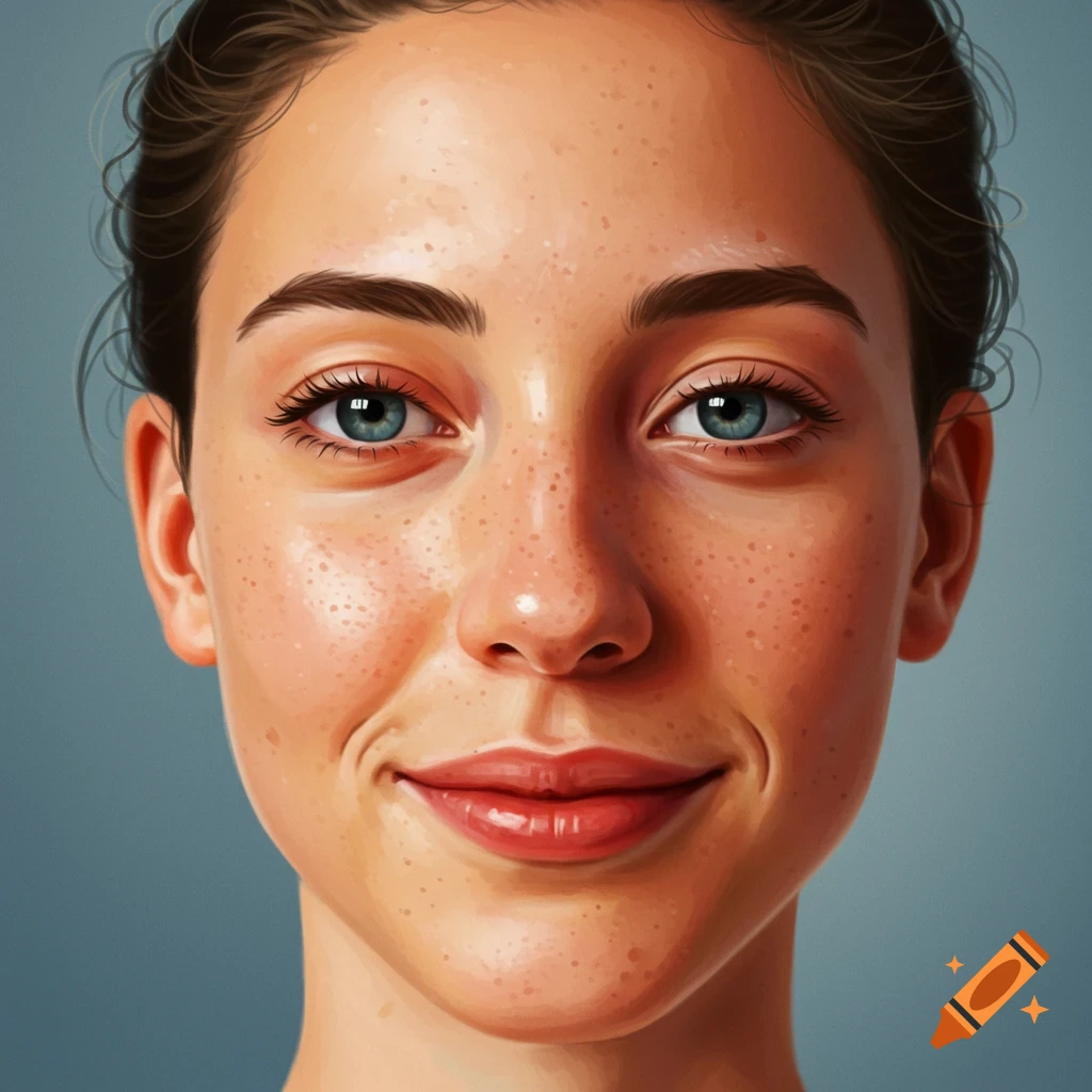 Close-up of a woman's smiling face with freckles.