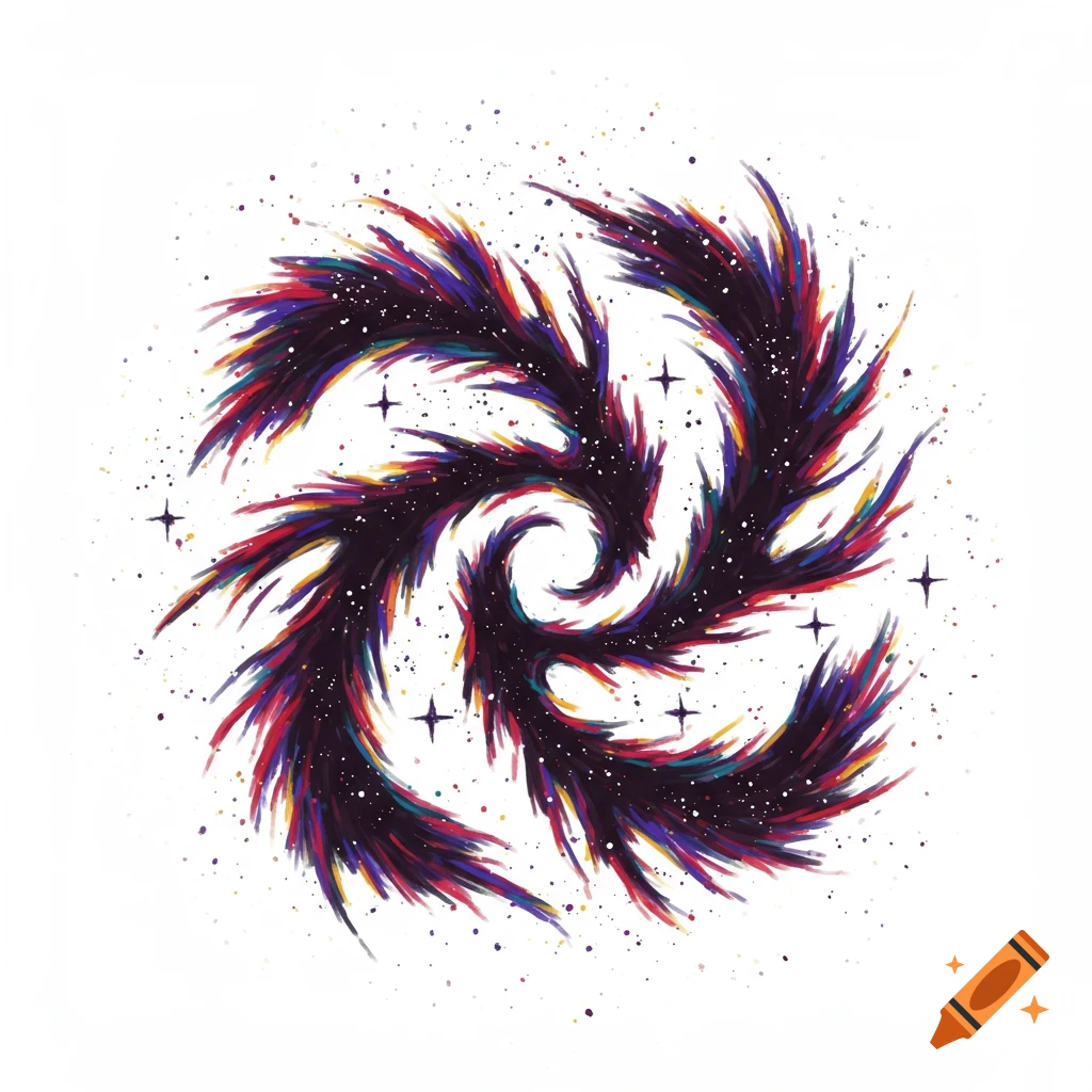 A dark spiral with colorful strokes and stars.