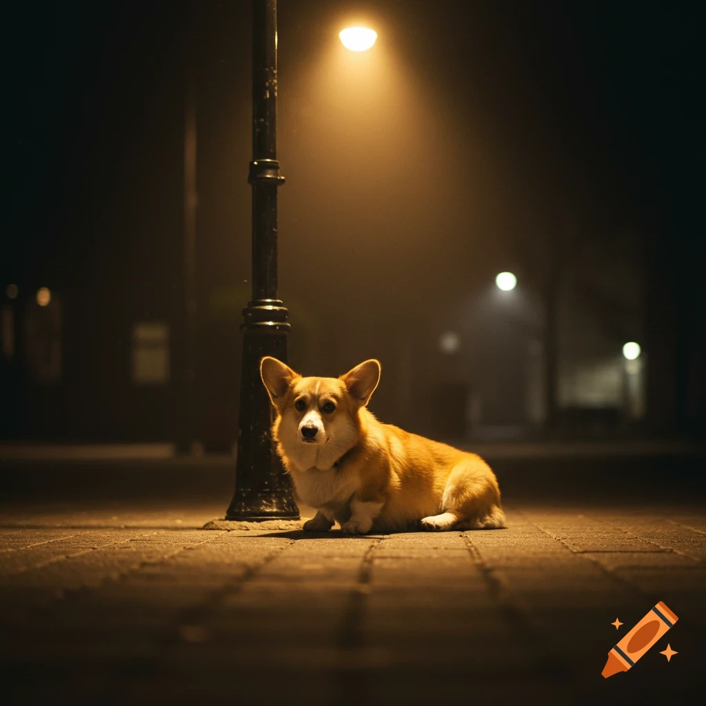 A Corgi dog sits under a street light on a sidewalk at night.