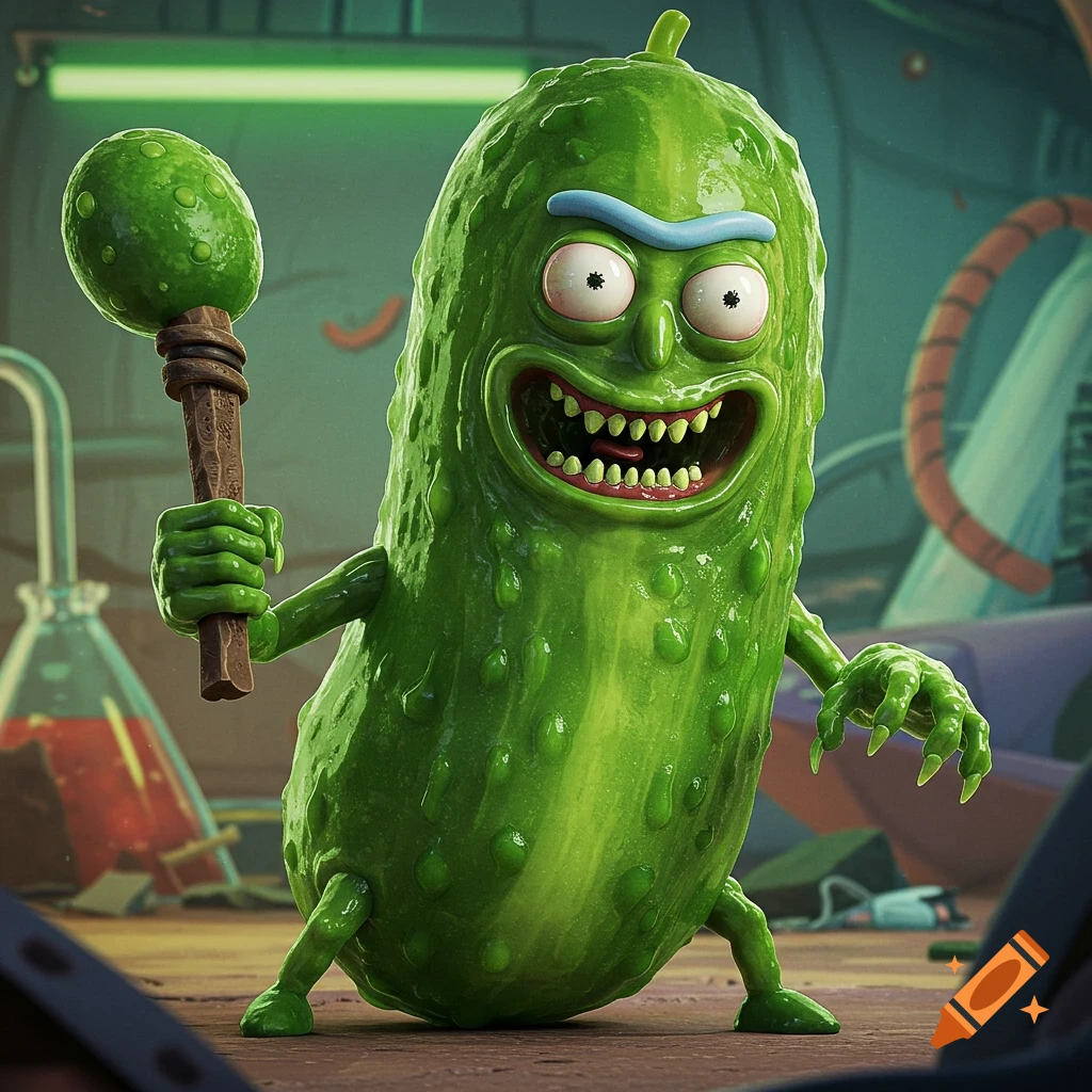 Ultra-realistic Pickle Rick holding a weapon in a lab