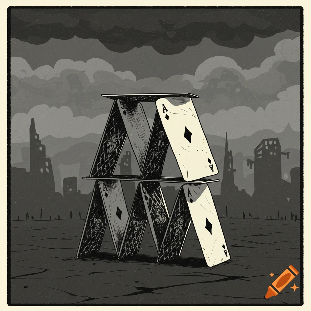 Illustration of a house of cards made of Aces and other cards standing on the ground in a desolate, dystopian city.