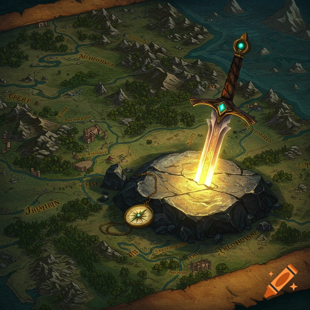 A glowing sword is stuck in a rock on a fantasy map with a compass.