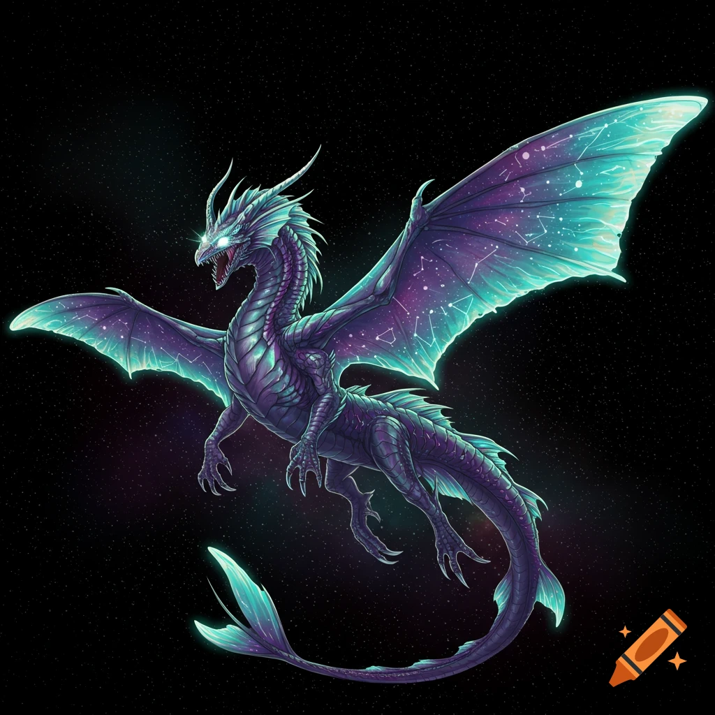 A purple and blue dragon with wings patterned like constellations flies in space.
