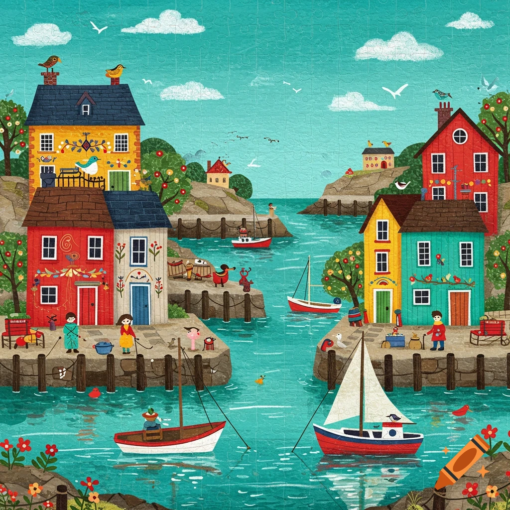 Folk art illustration of a busy seaside harbor with colorful houses, boats, and people on the docks.