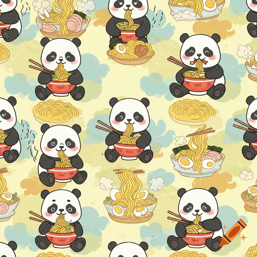 A repeating cartoon pattern of cute pandas eating ramen bowls with chopsticks.