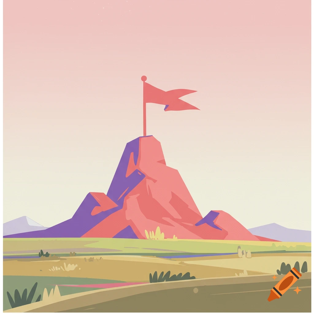 Stylized depiction of a mountain with a flag on top in a landscape.