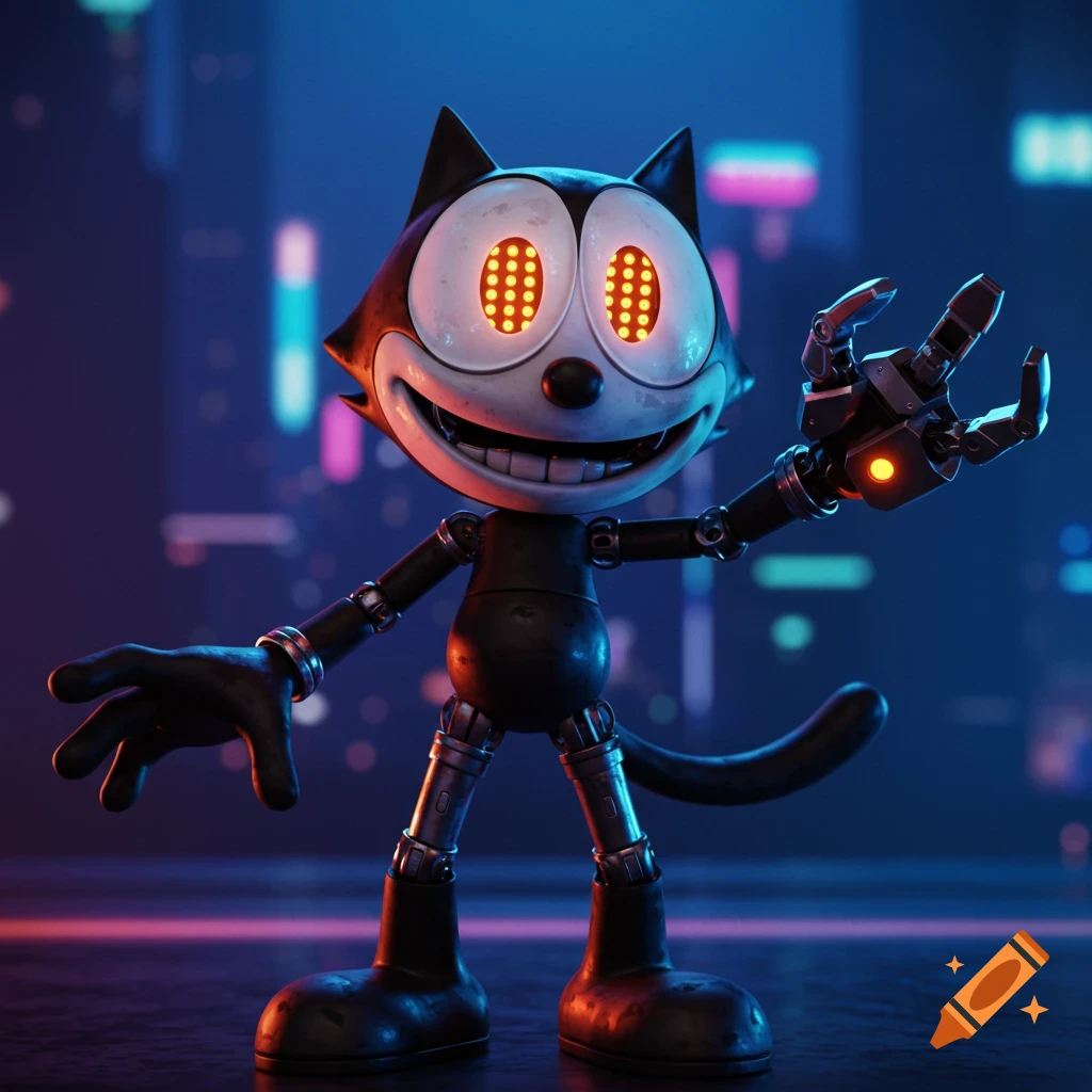 3D render of a robotic Felix the Cat standing in a neon-lit city street.
