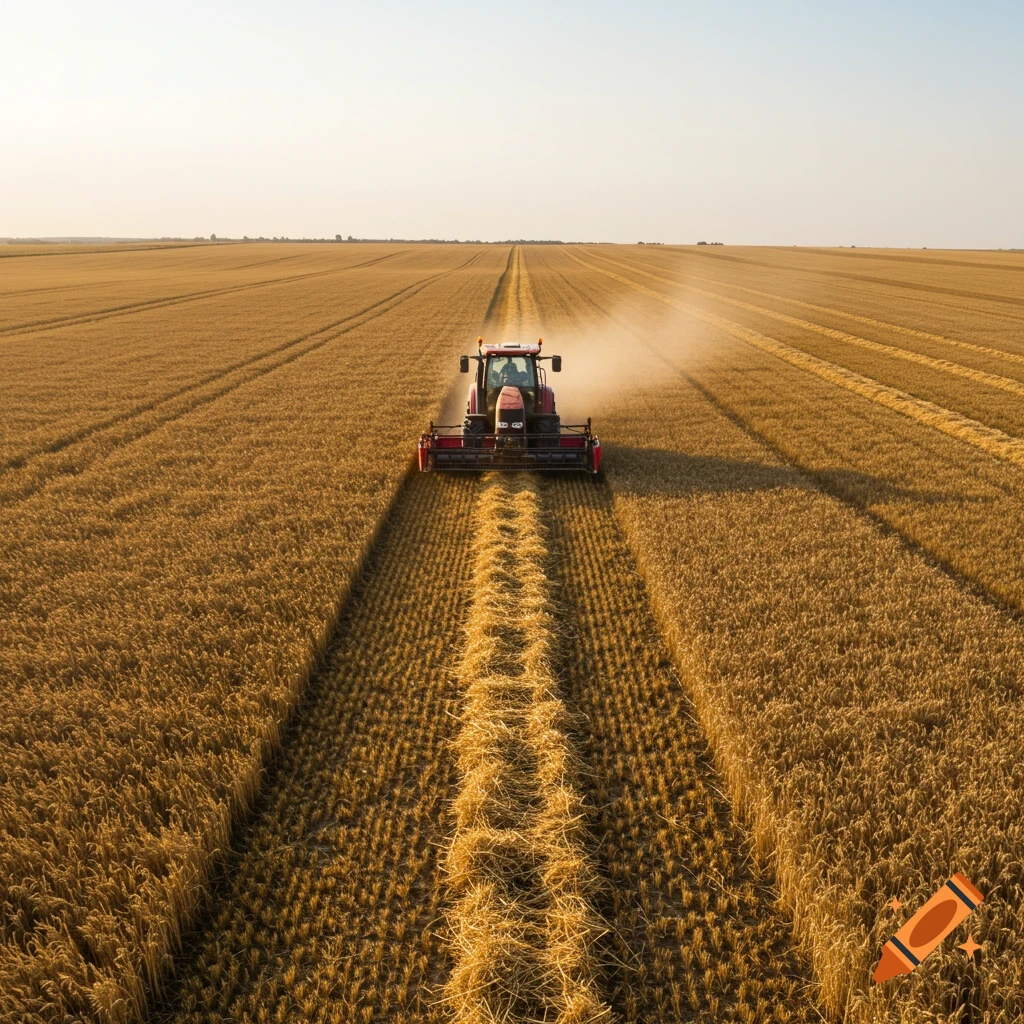 A red tractor harvests a golden wheat field under a clear sky.