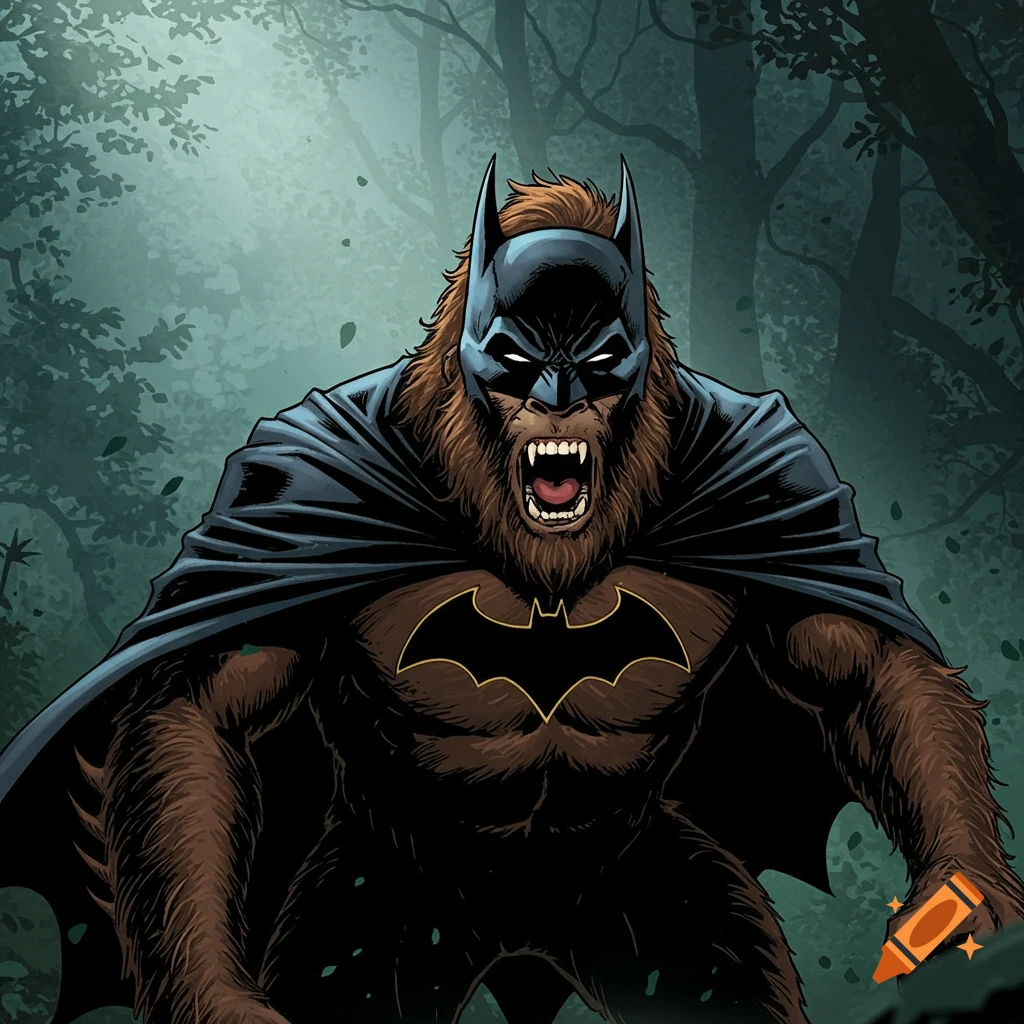 A roaring Sasquatch wearing a Batman mask and cape in a forest.