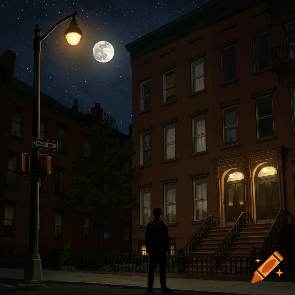 A person stands on a dark city street at night, looking at brownstone buildings under a lamppost and full moon.