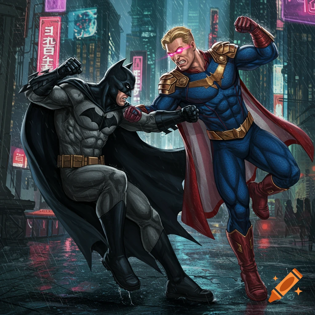 Batman fighting Homelander in a rainy city street