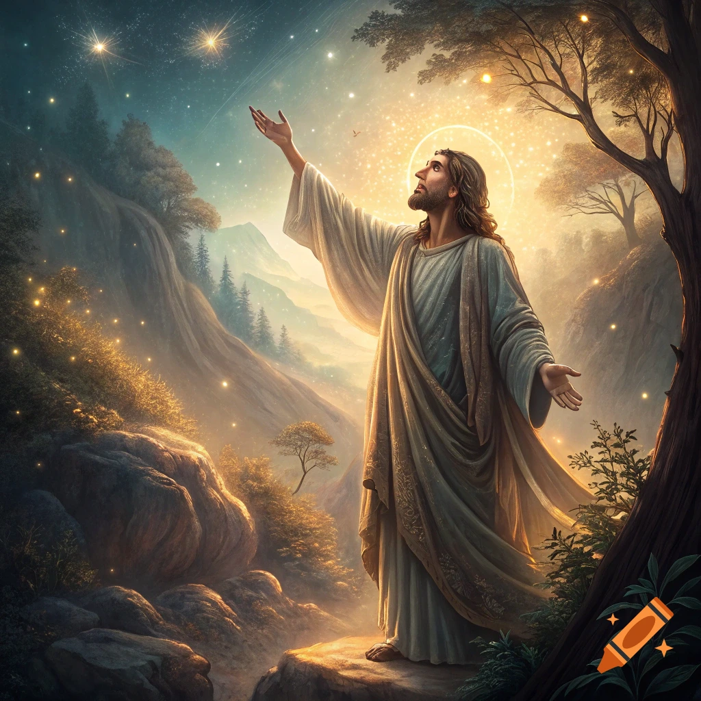 Jesus stands in a golden, glowing landscape under a starry sky, reaching towards the light.