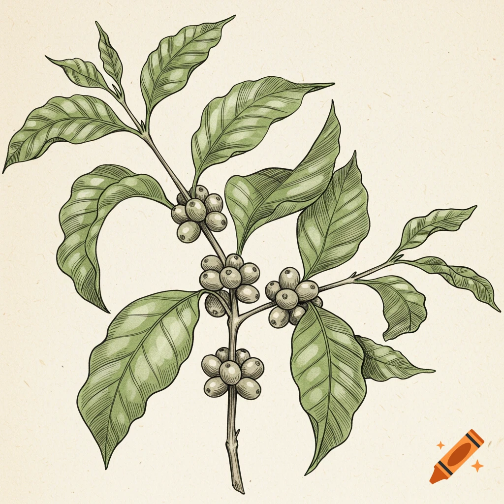 Sketch of a coffee plant with leaves and berries.