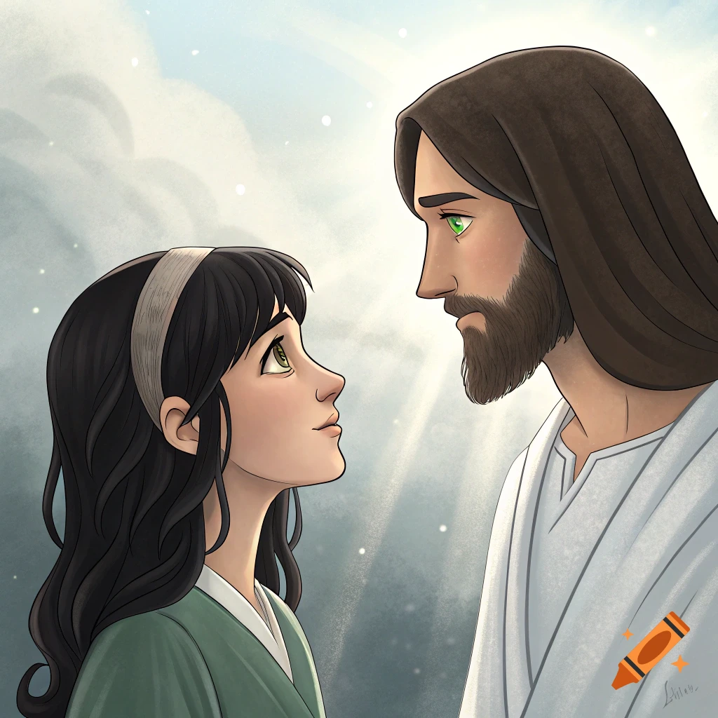 Illustration of a woman looking up at Jesus.