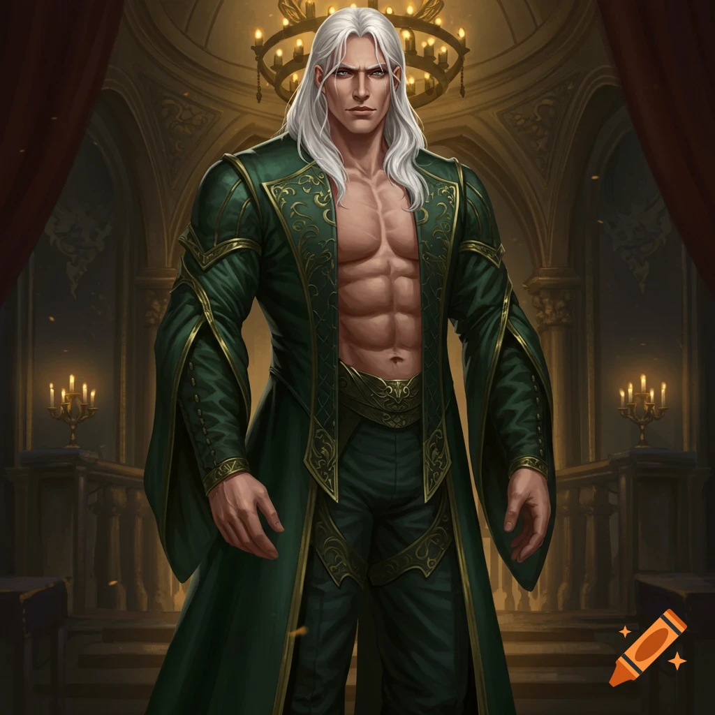 A muscular man with long white hair stands in a grand hall, wearing an open dark green medieval-style robe.