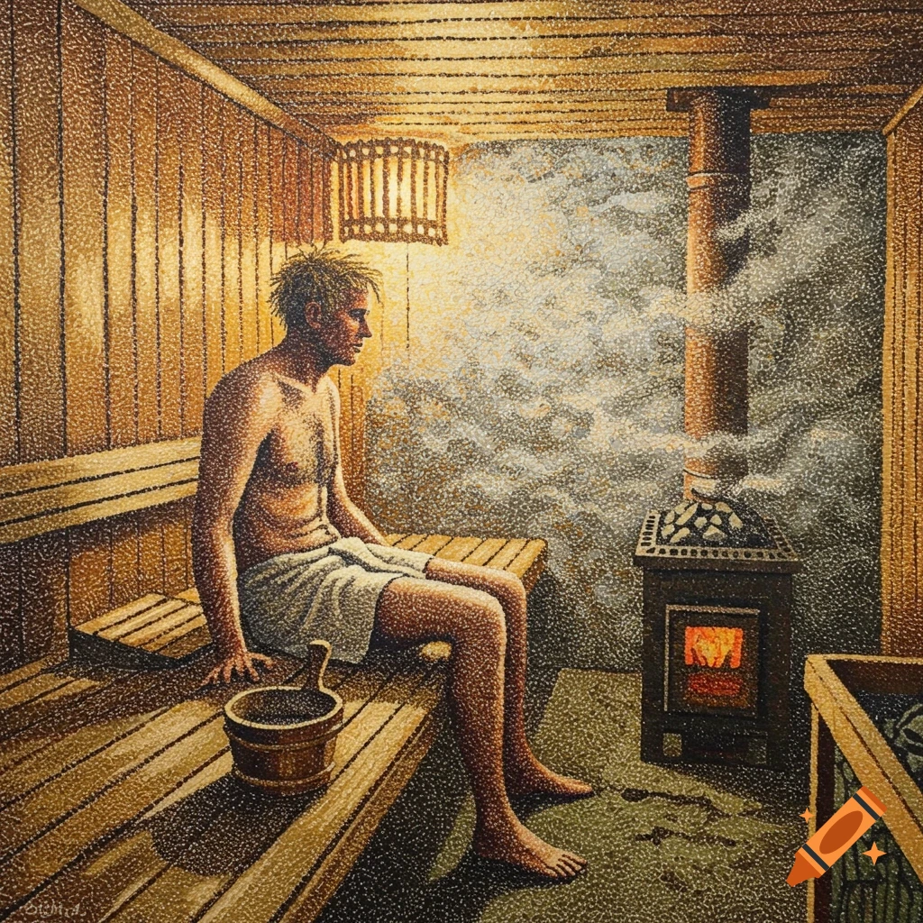 A man sits on a bench in a wooden sauna, painted in a pointillism style.