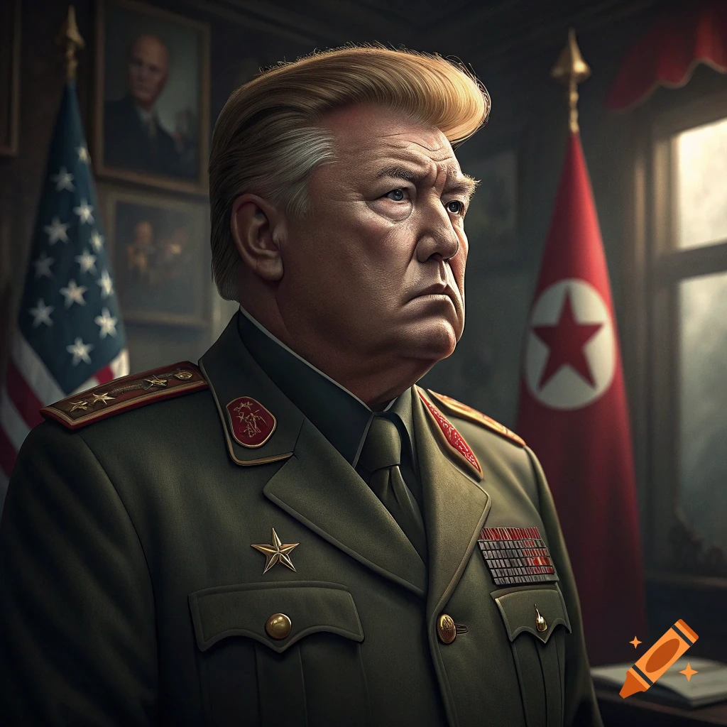 Portrait of a person resembling Donald Trump in a military uniform, with US and North Korean flags.