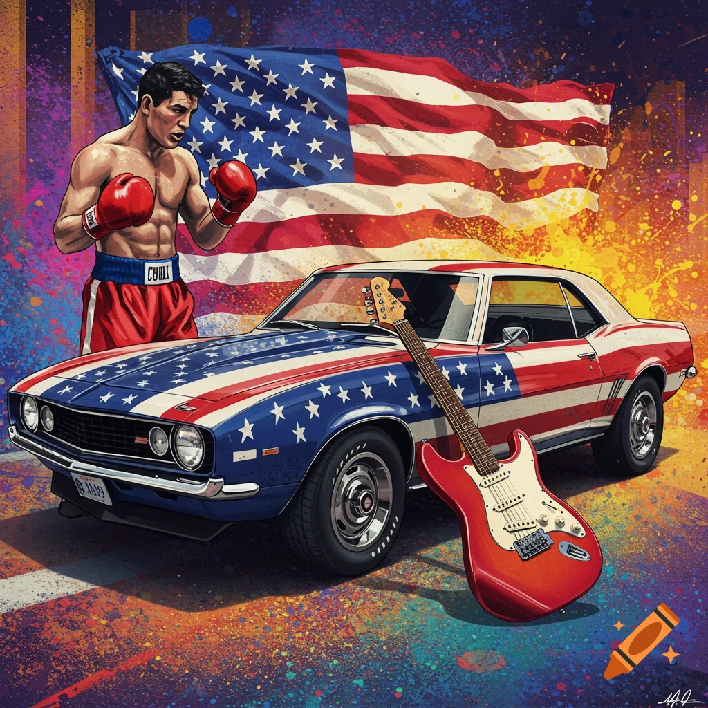 Painting of a boxer with a Camaro car painted like the US flag, a guitar, and a large American flag in the background.