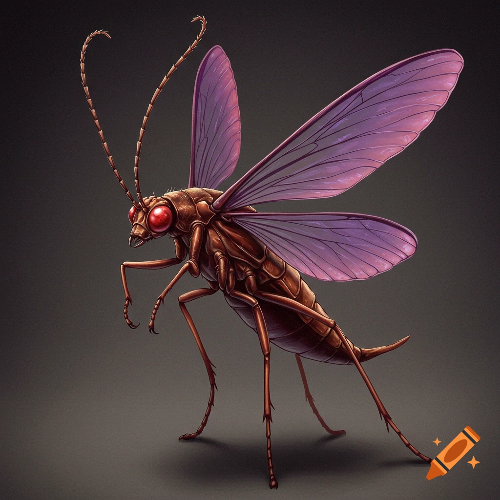 An insect with a brown body, red eyes, purple wings, and long antennae.