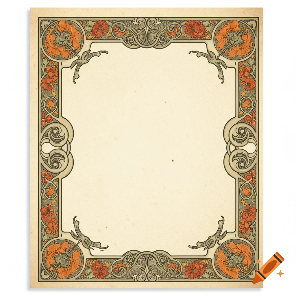 Vintage decorative border with orange and red flowers and swirling lines on parchment.
