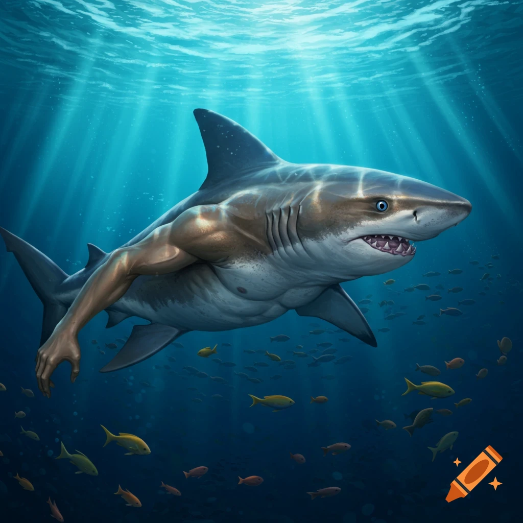 A shark with human arms is swimming underwater