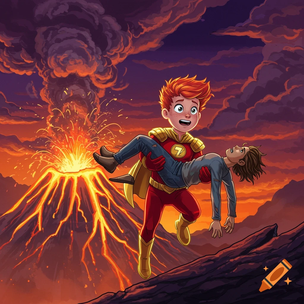 A red-headed superhero saves a person from an erupting volcano in a comic book style.