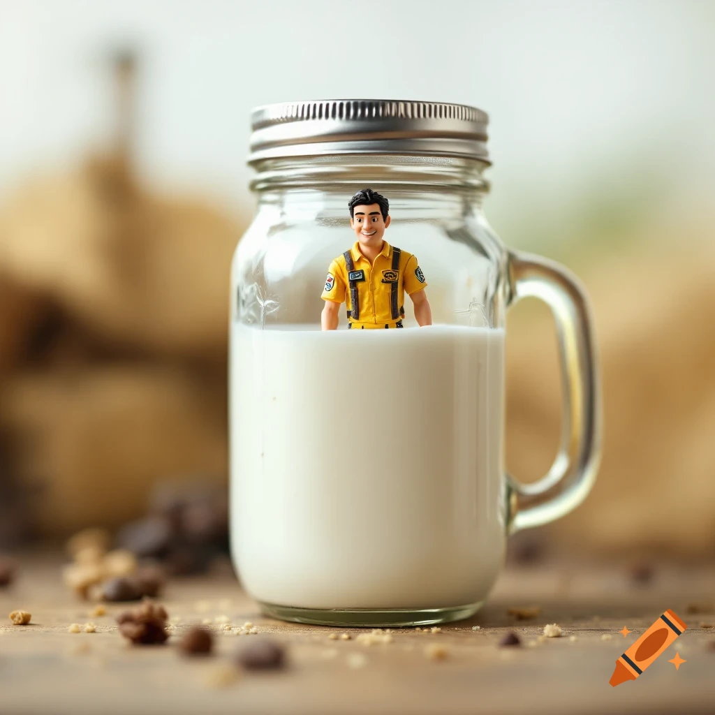 Miniature figure of a man in a mason jar of milk on a table