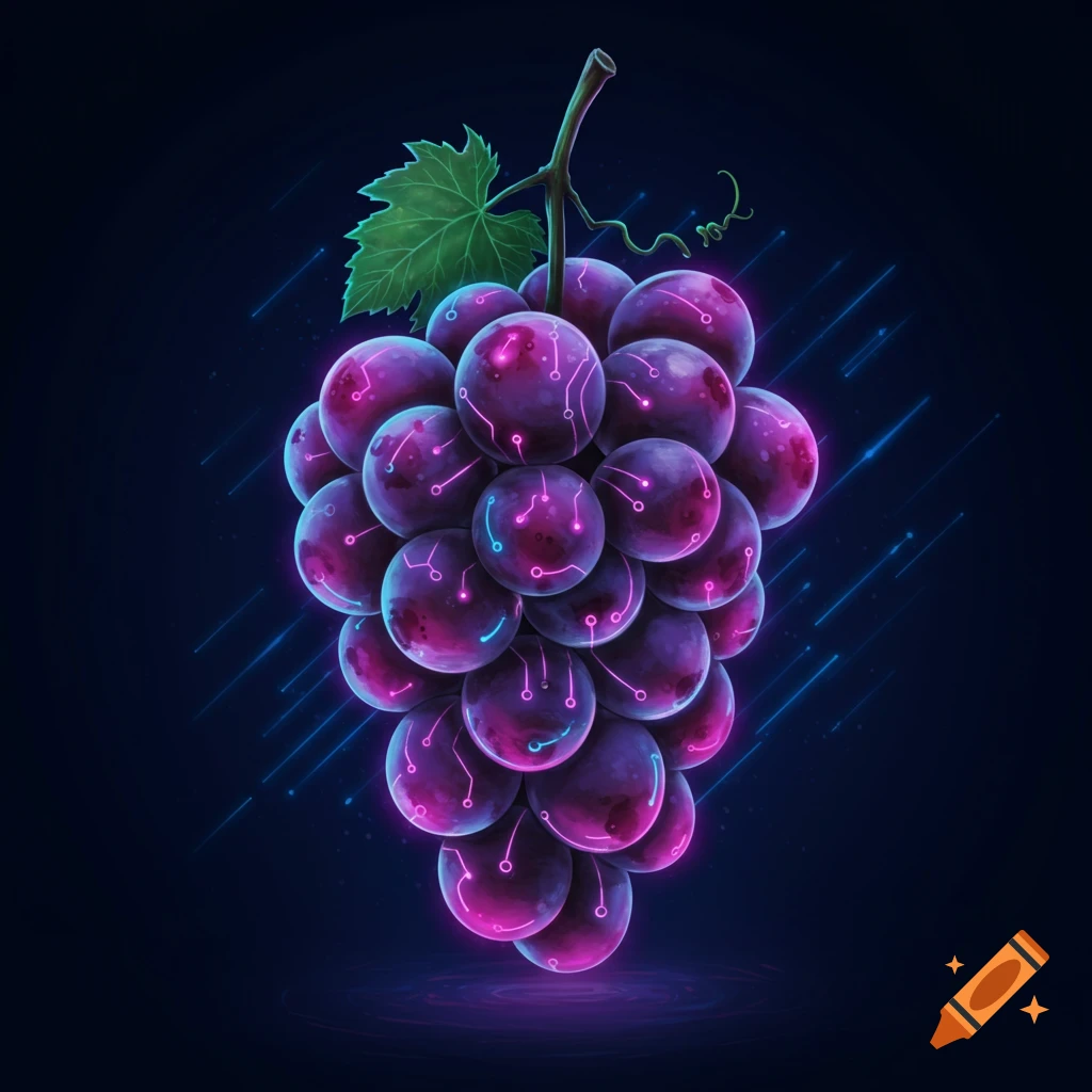 A bunch of grapes with glowing pink and blue circuit patterns on a dark background.