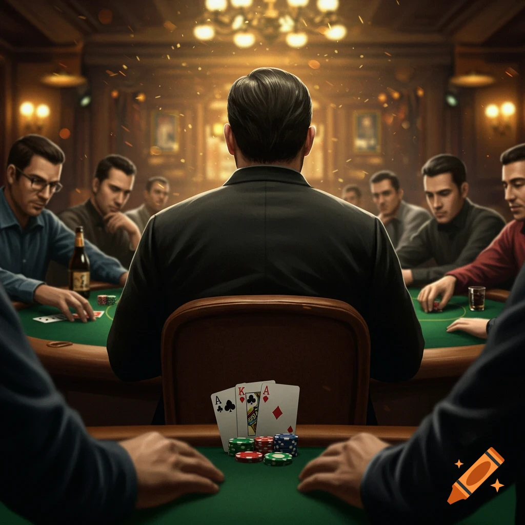 A poker game, showing a player's hand of cards and chips.