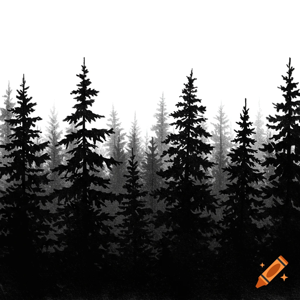 Black and white illustration of a forest silhouette.