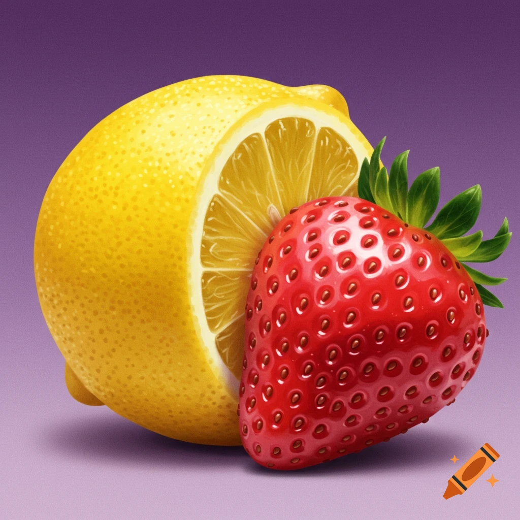 A cut lemon and a strawberry.