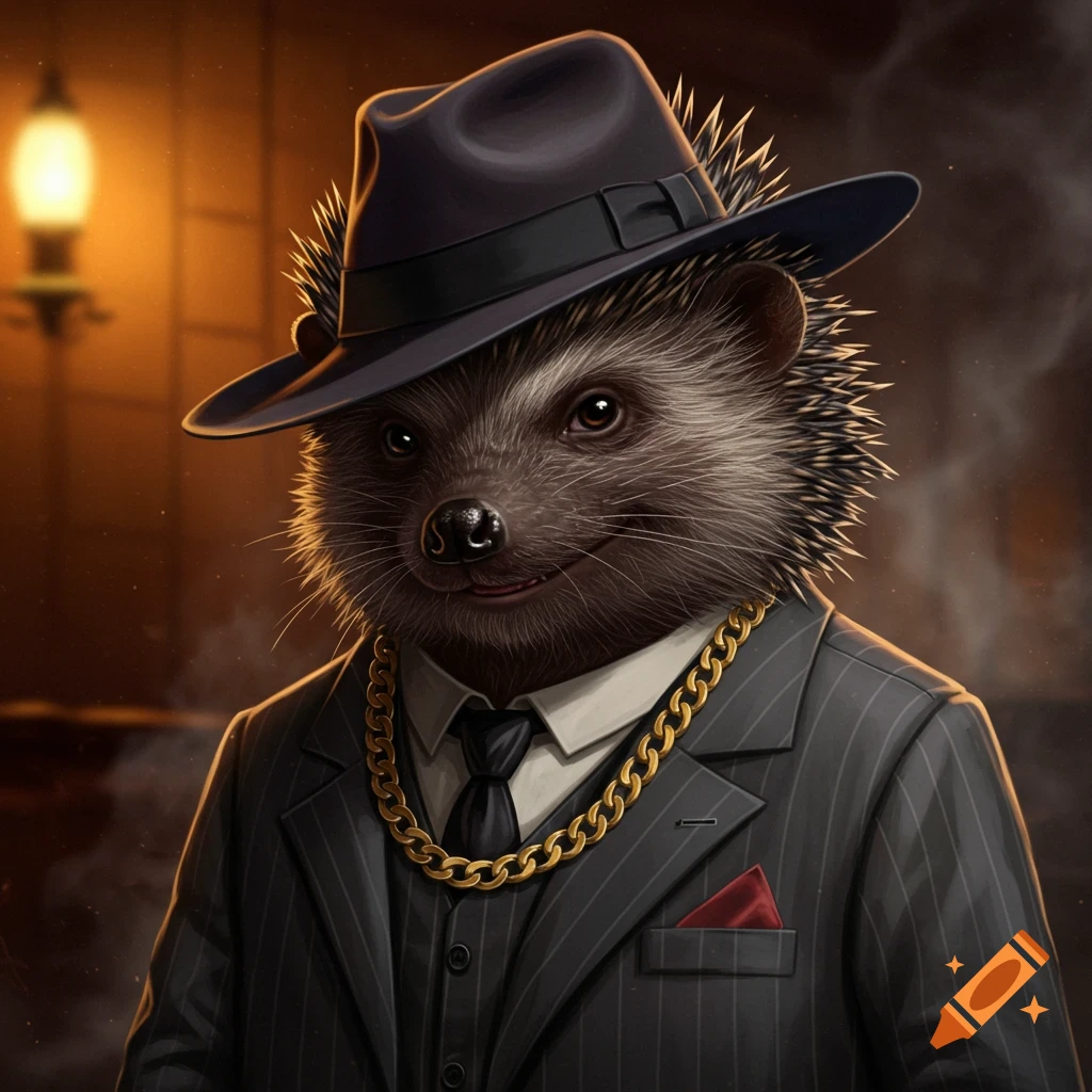 A hedgehog in a pinstripe suit, tie, fedora, and gold chain, with a red pocket square.
