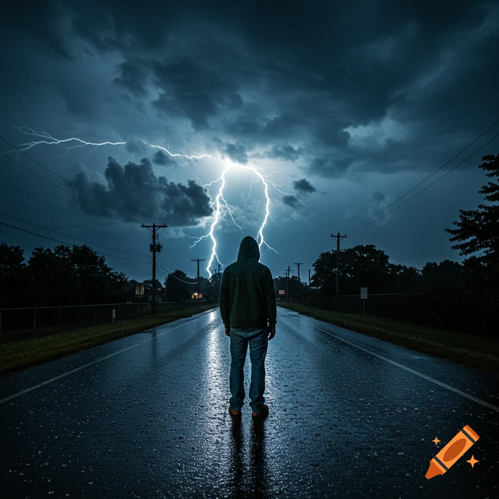 Man in a hoodie standing on a wet road during a thunderstorm with lightning striking