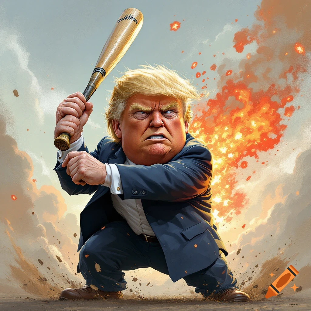 Cartoonish Donald Trump swinging a baseball bat amidst explosions and debris.