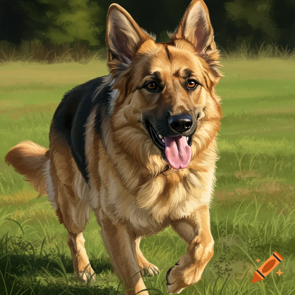 A German Shepherd dog running through a grassy field.