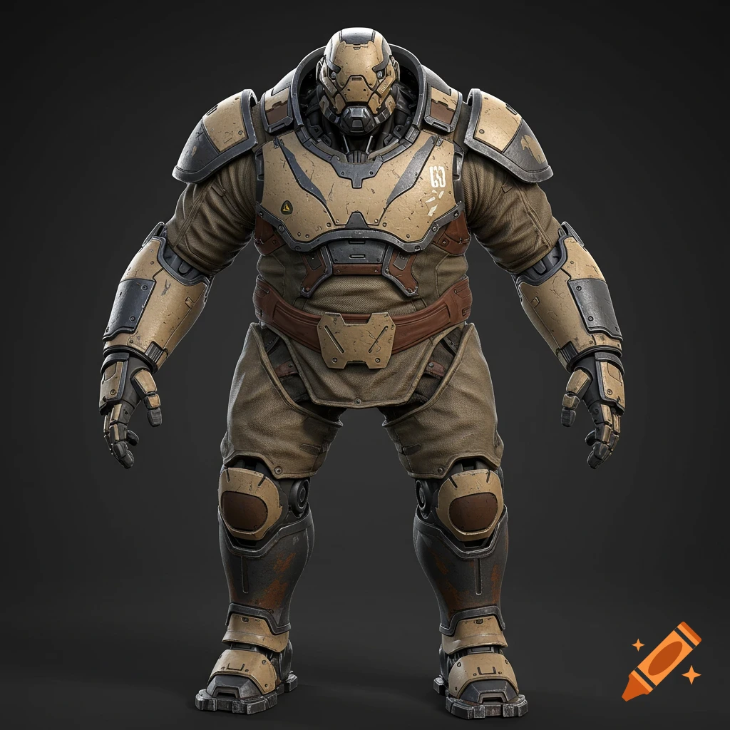 Bulky figure in sci-fi armor, 3d render