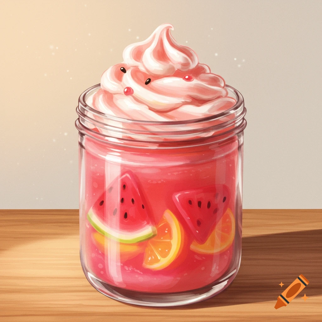 A jar with watermelon lemonade, fruit slices, and whipped topping is on a table.