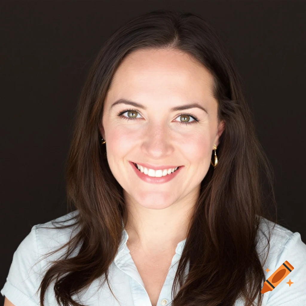 Close-up portrait of a woman with long brown hair and gold earrings smiling at the camera against a dark background.