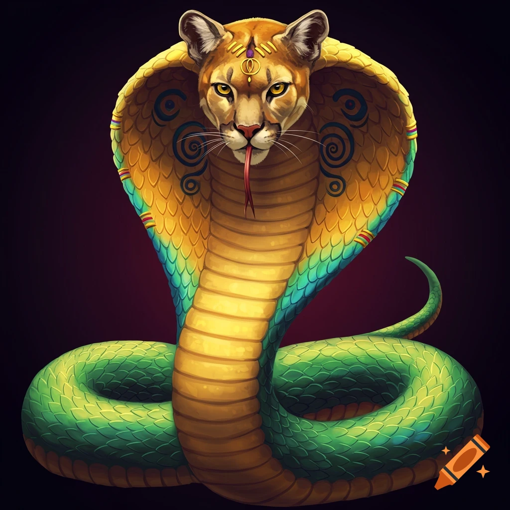 a mythical creature blending a puma head with a cobra body.