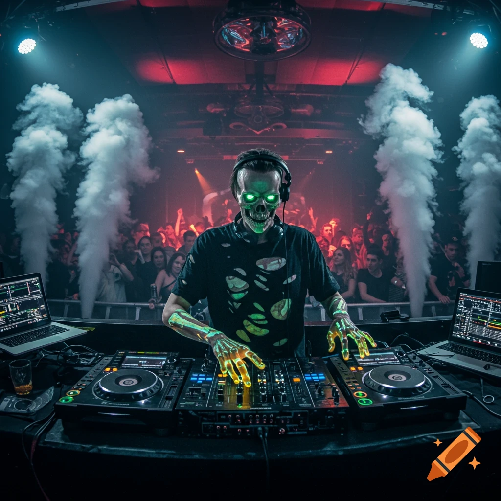 Skeletal DJ with neon hands and eyes performing at a club with smoke and a crowd.