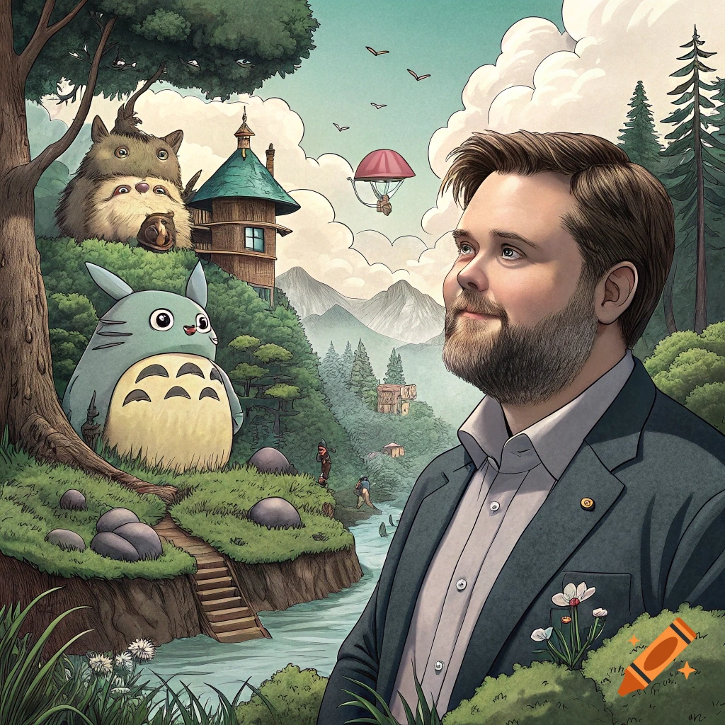 Man in a suit in a vibrant Studio Ghibli-style fantasy landscape with Totoro and other whimsical creatures.