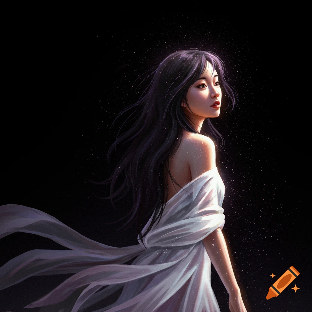 A woman in a flowing white dress looks away against a dark, sparkling background.