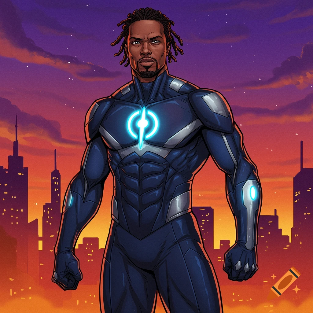 A superhero in a blue and silver suit standing before a city skyline at sunset.