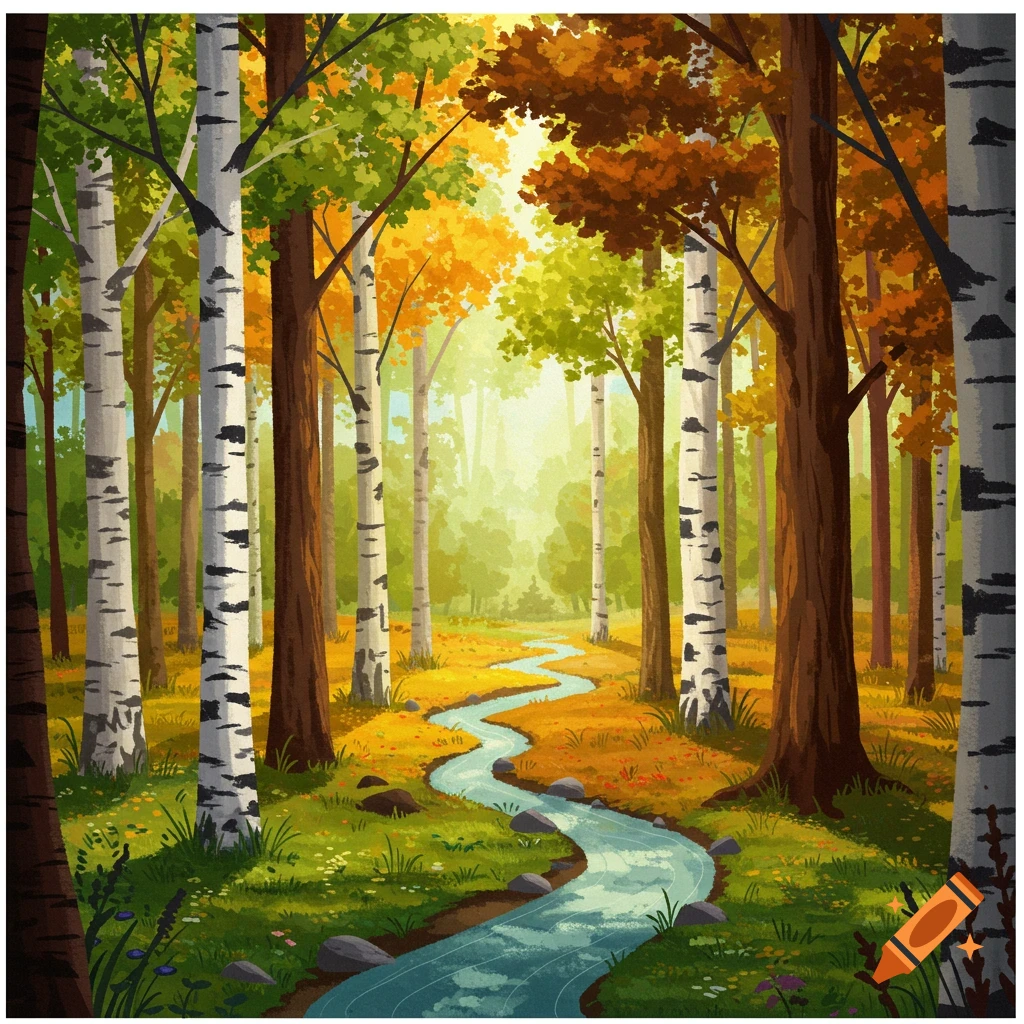 A stream winding through a sunlit autumn forest with birch and deciduous trees.