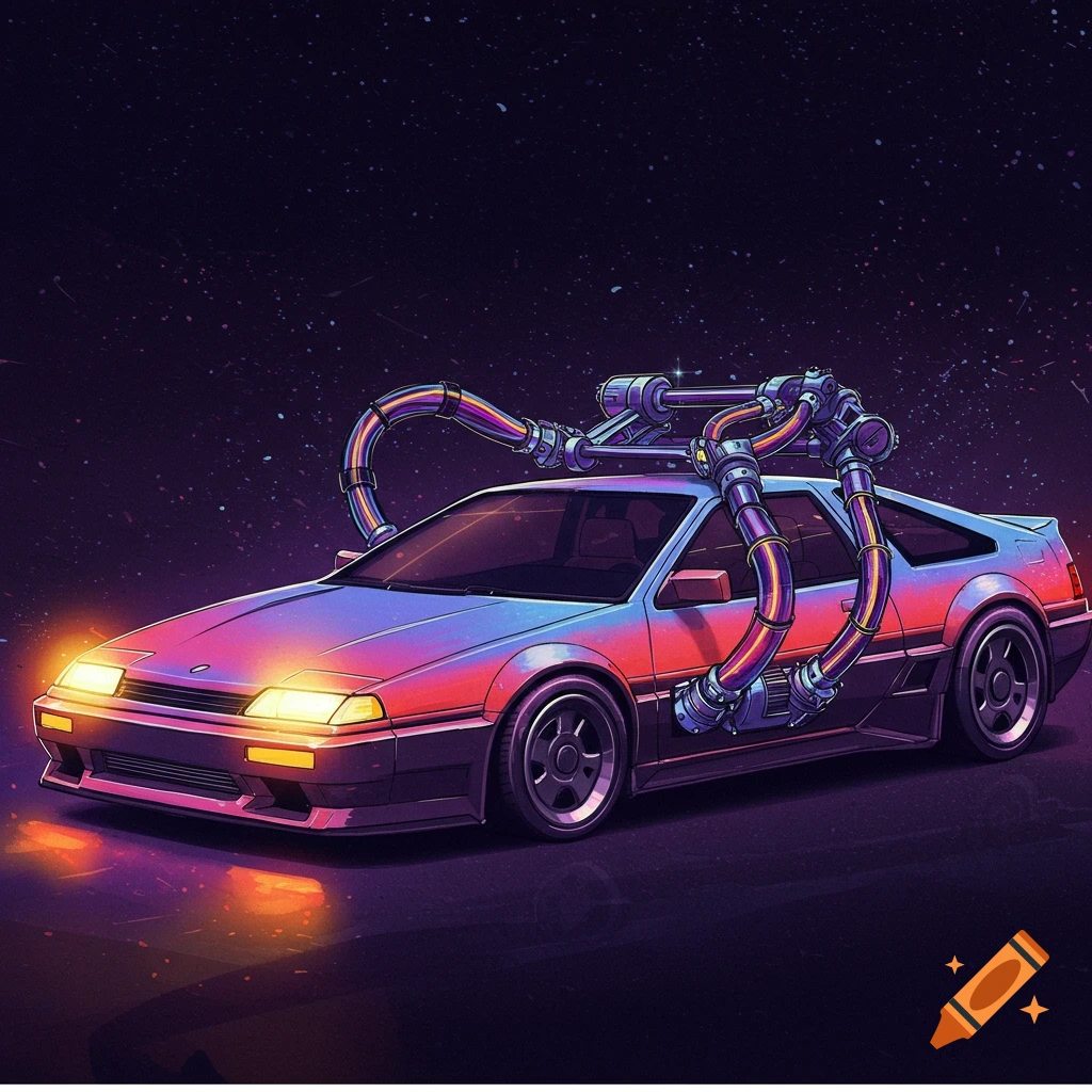 Synthwave illustration of a futuristic car with mechanical arms against a starry background.