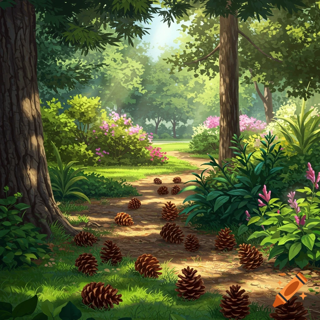 A path covered in pine cones in a sunny park.