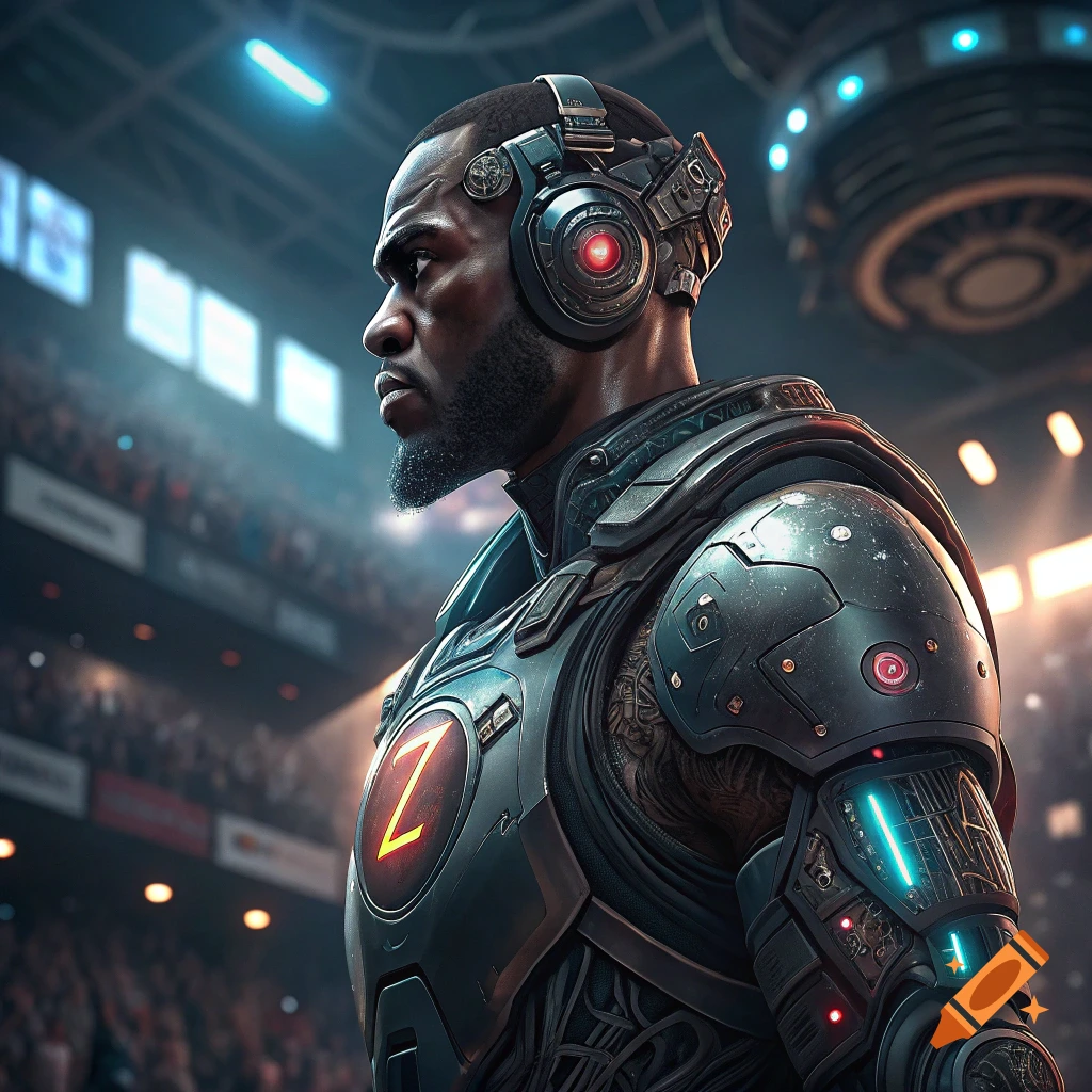 Portrait of Lebron James depicted as a cyborg in futuristic armor with a glowing 'Z' symbol, in a stadium.