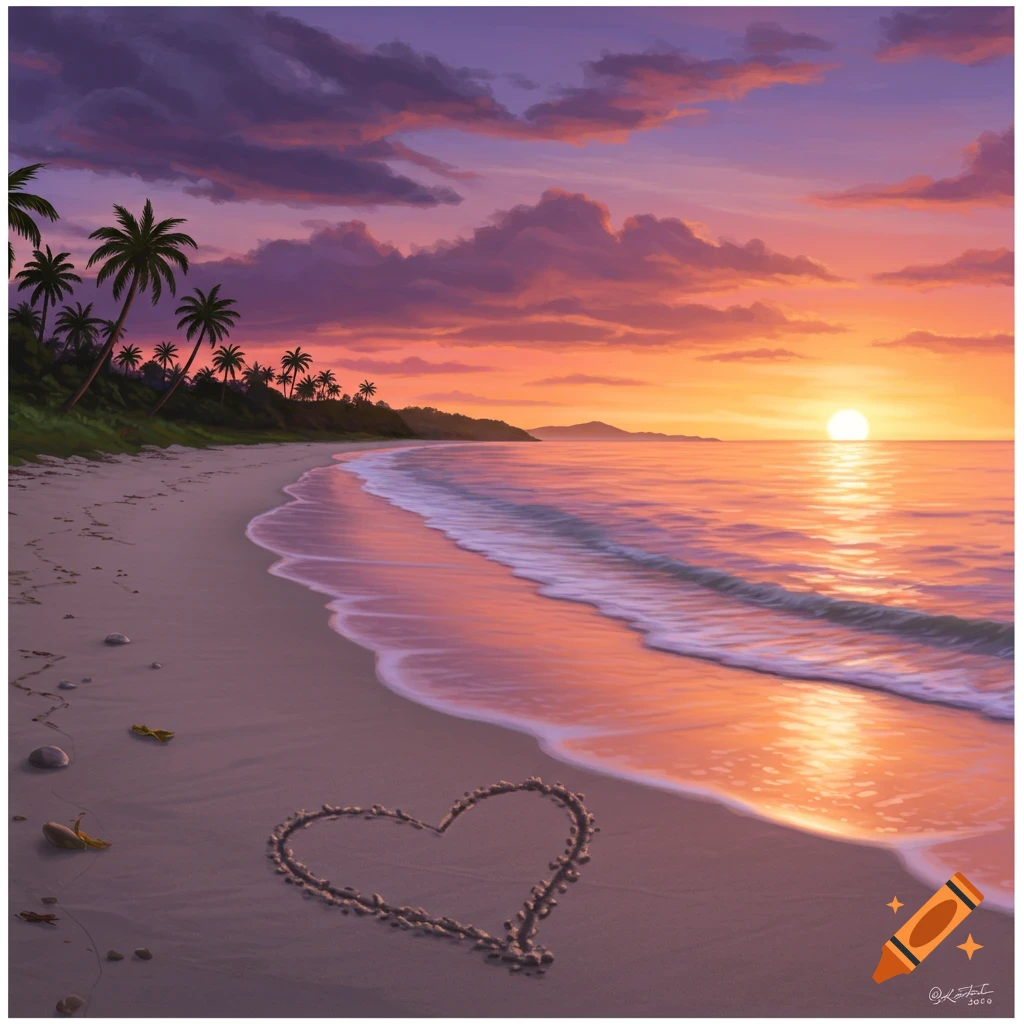 A beach at sunset with palm trees and a heart drawn in the sand